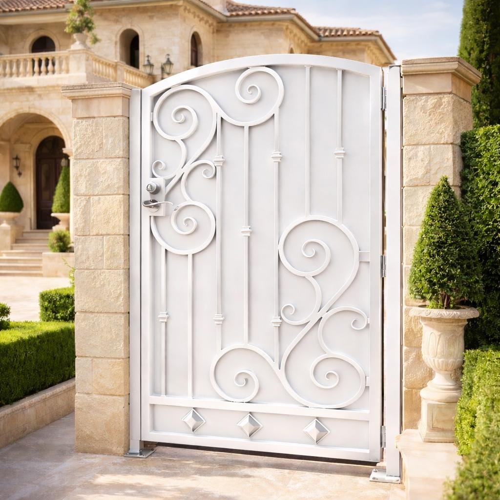 Verona Arched Scroll Wrought Iron Gate | Estate Garden Entry, Mediterranean Style, Matte Black