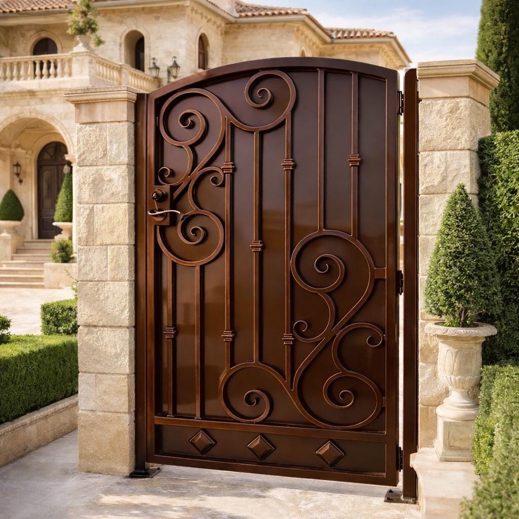 Verona Arched Scroll Wrought Iron Gate | Estate Garden Entry, Mediterranean Style, Matte Black