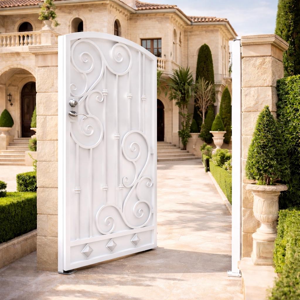 Verona Arched Scroll Wrought Iron Gate | Estate Garden Entry, Mediterranean Style, Matte Black