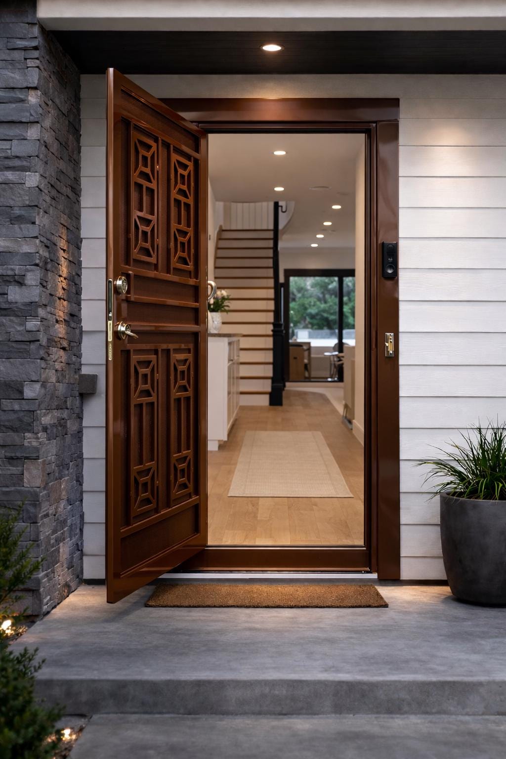 Orion Modern Single Steel Entry Door | Geometric Security Front | Matte Black, White, Glossy Brown
