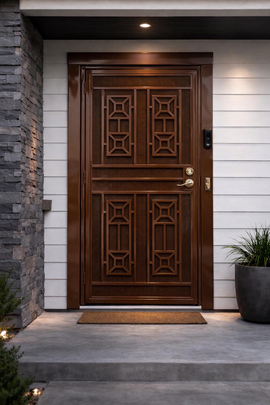 Orion Modern Single Steel Entry Door | Geometric Security Front | Matte Black, White, Glossy Brown