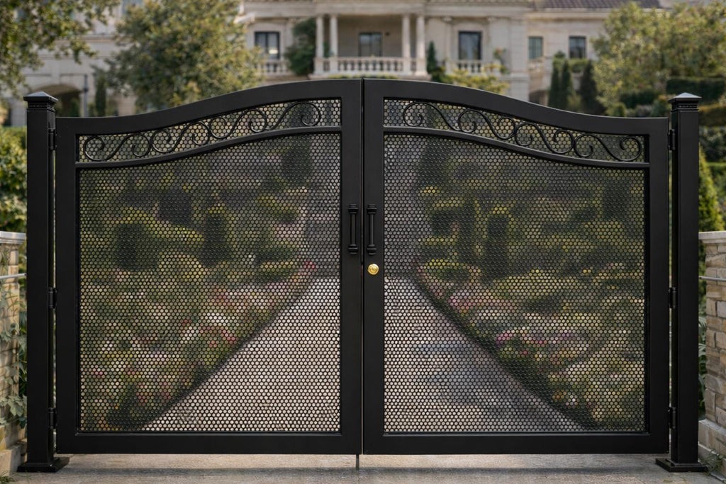 Siena Crest Arched Double Wrought Iron Driveway Gate | Estate Entry Security, Matte Black
