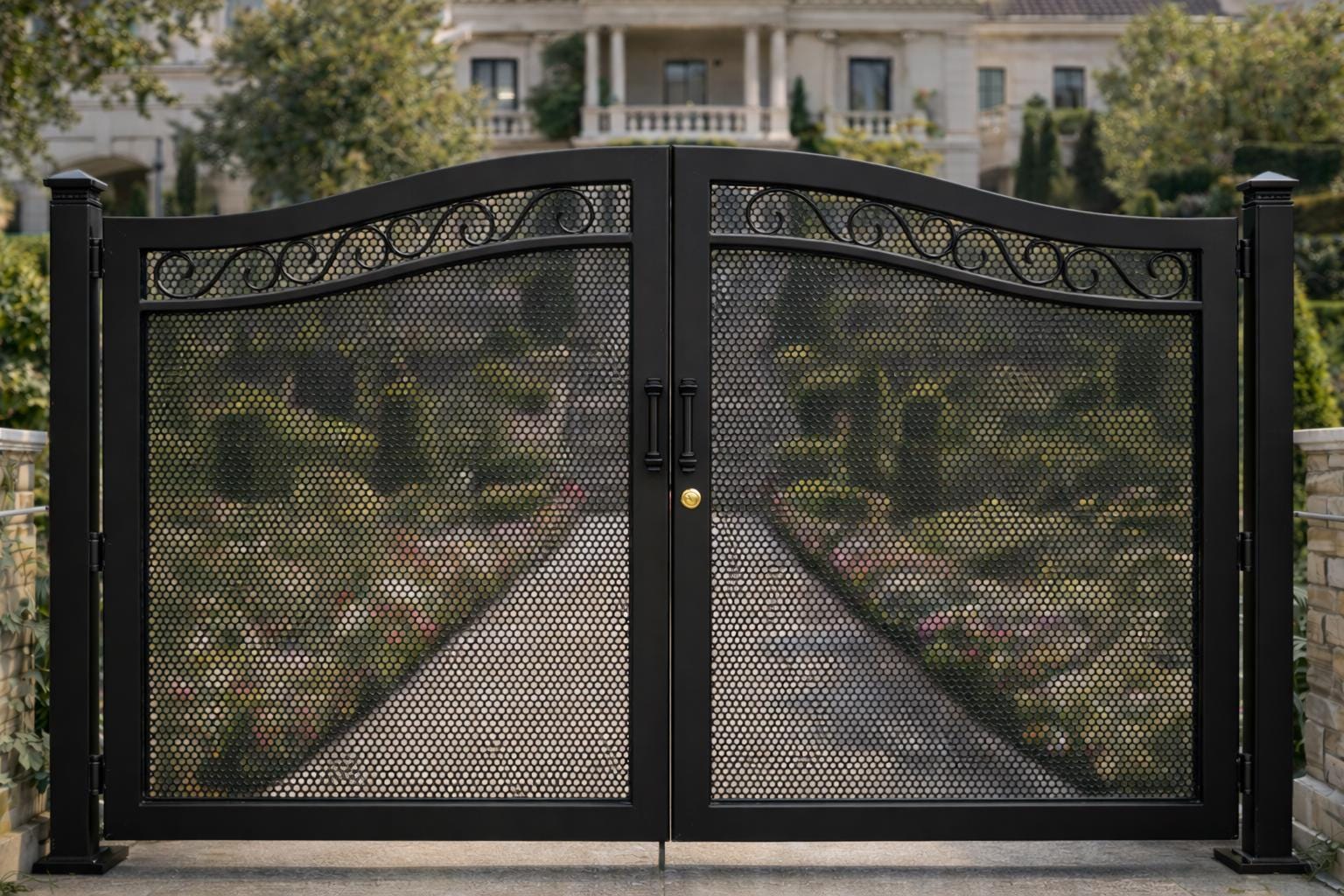 Siena Crest Arched Double Wrought Iron Driveway Gate | Estate Entry Security, Matte Black