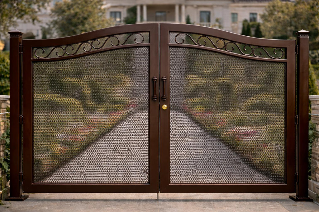 Siena Crest Arched Double Wrought Iron Driveway Gate | Estate Entry Security, Matte Black