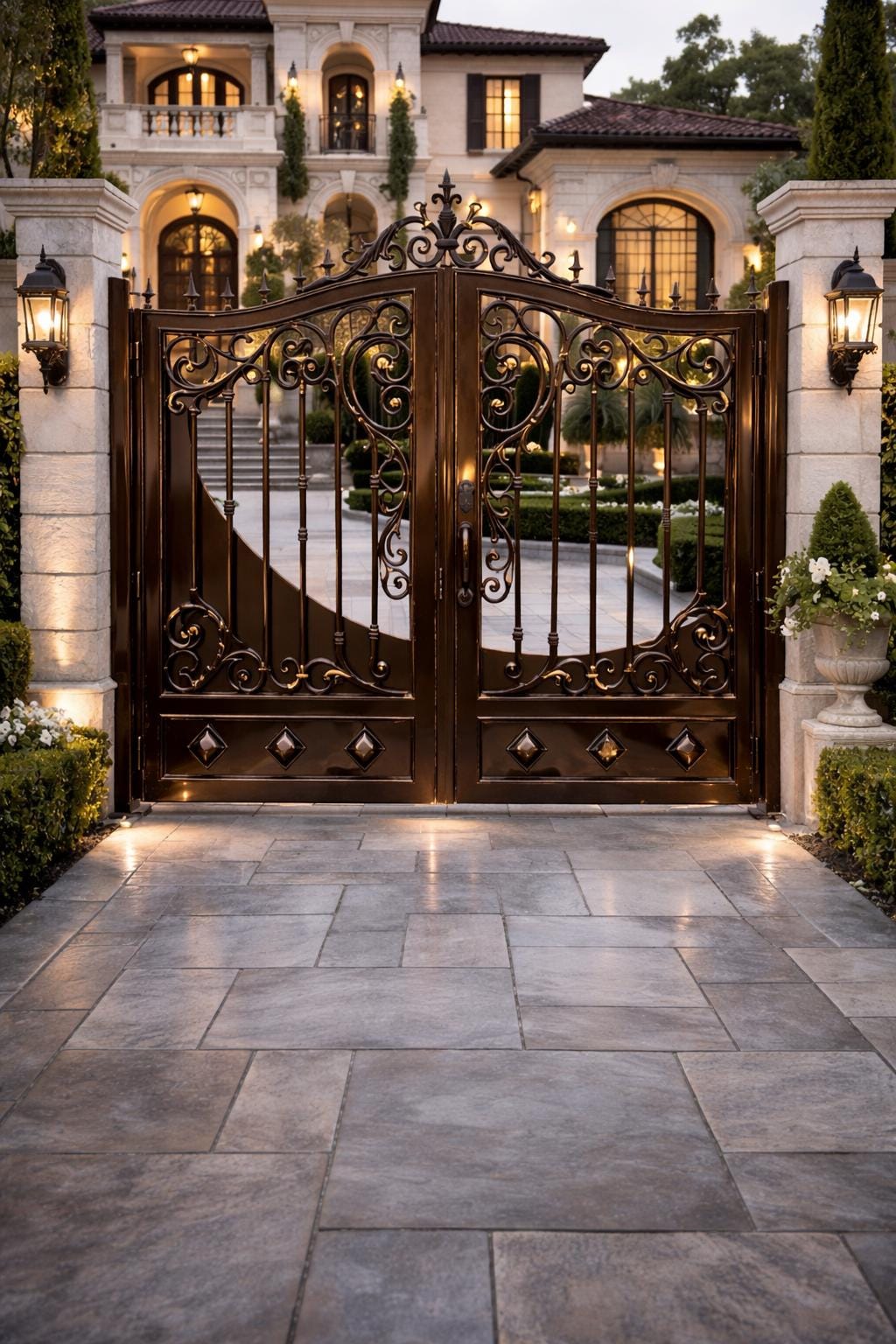Wrought Iron Driveway Gate | Arched Scroll Estate Entry, Matte Black Finish