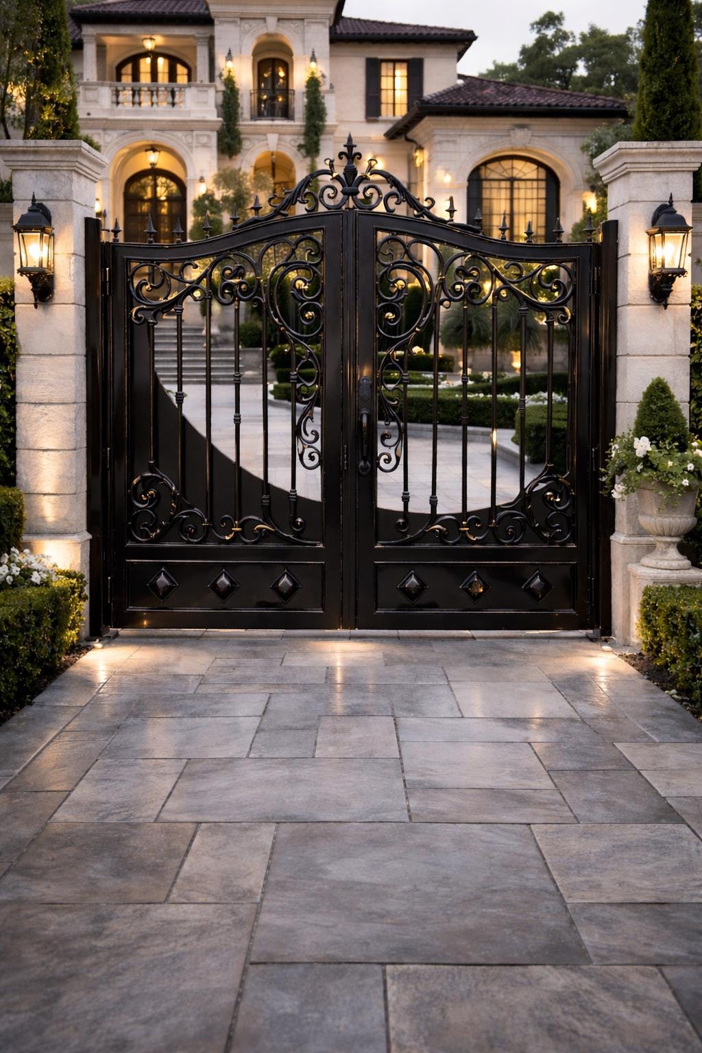 Wrought Iron Driveway Gate | Arched Scroll Estate Entry, Matte Black Finish