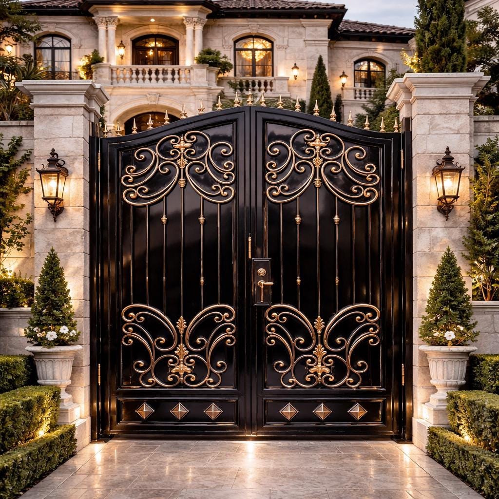Regalcrest Imperia Wrought Iron Driveway Gate - Arched Estate Entry with Gold Accents